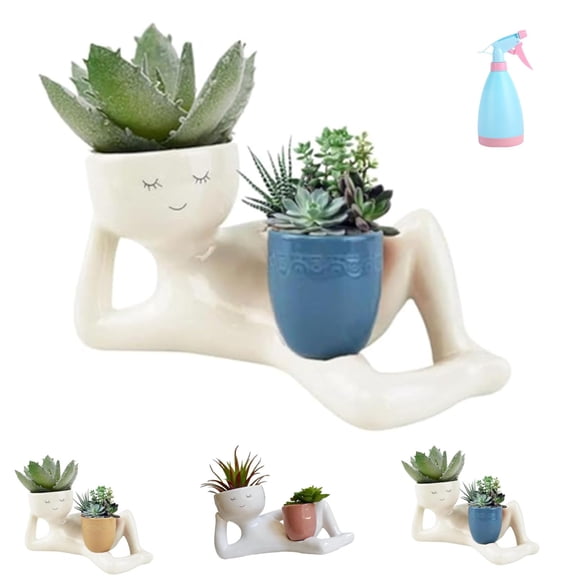 Lazy Guy Planter, Funny Planters Smily Face Planter Pot with Drainage Hole, Cute Resin Flower Head Planters Unique Lying Down Figure Succulent Pots for Home Garden Decor