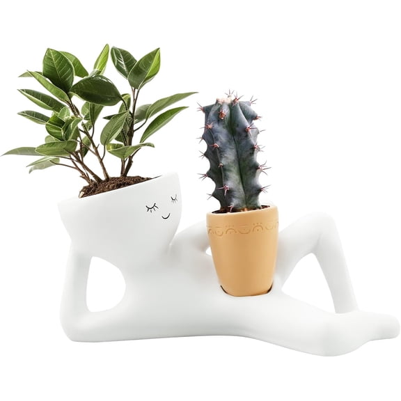 Lazy Guy Planter, Lazys Little Character Flower Pot, Lying Down Figure Succulent Pots, Relaxing Person Holding Pot Planter, Greenery Vase Container for Succulents Cactus Home Garden Decor