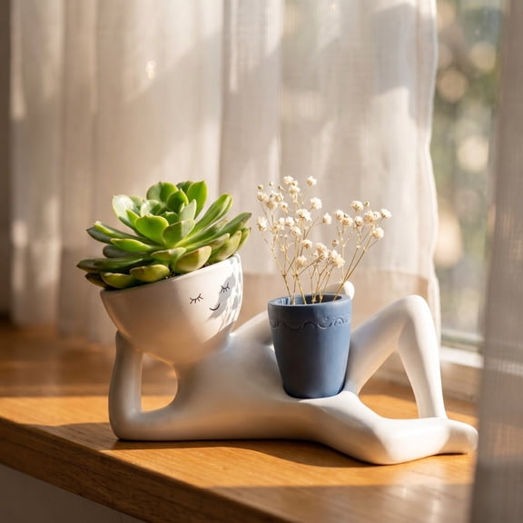 Lazy Guy Pot with Drainage Hole, Funny Resin Succulent Plant Pots, Efficient Drainage Greenery Vase Container, Quirky Desk Decor & Novelty Gift for Plant Lovers(Blue)