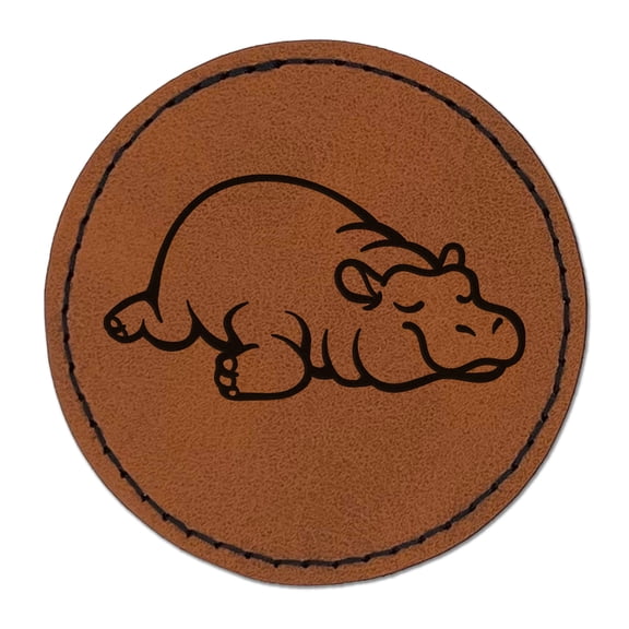 Lazy Hippo Hippopotamus Cute 2.5" Faux Leather Round Engraved Iron-On Patch - Brown