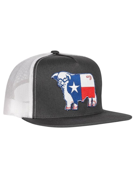 Lazy J Ranch Charcoal Grey White Texas Flag Bull Classic Five Panel Trucker Hat