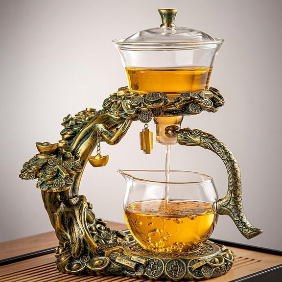 Lazy Kung Fu Drip Teapot Set, Semi-Automatic Magnetic Glass Tea Maker with Wooden Base, Heat Resistant Borosilicate Tea Pot for Loose Leaf, Flower & Herbal Tea, Elegant Gift for Tea Lovers