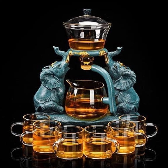 Lazy Kungfu Glass Set Semi Automatic Drip Rotating with Infuser Glass Teapot Set (Elephant Set+6 cups)