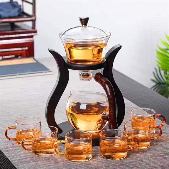 Lazy Kungfu Glass Tea Set Semi Automatic Drip Rotating with Infuser Glass Teapot Set (6 cups)