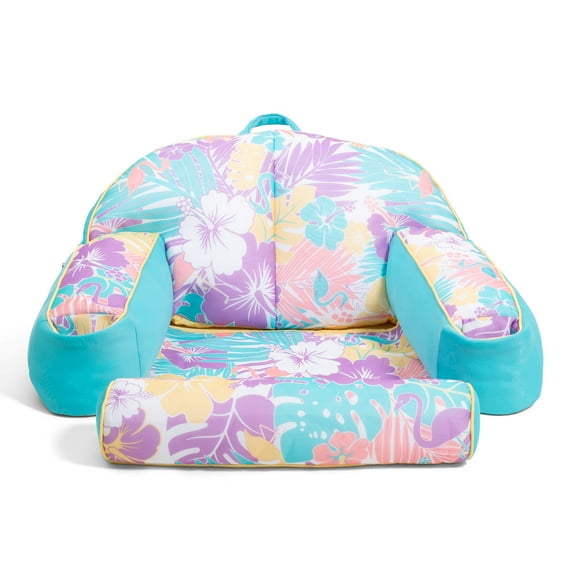 Big Joe Lazy Lounger No Inflation Needed Pool Float with Headrest and Footrest, Tropical Hibiscus Aqua Double Sided Mesh, Quick Draining Fabric, 3.5 feet Lounger