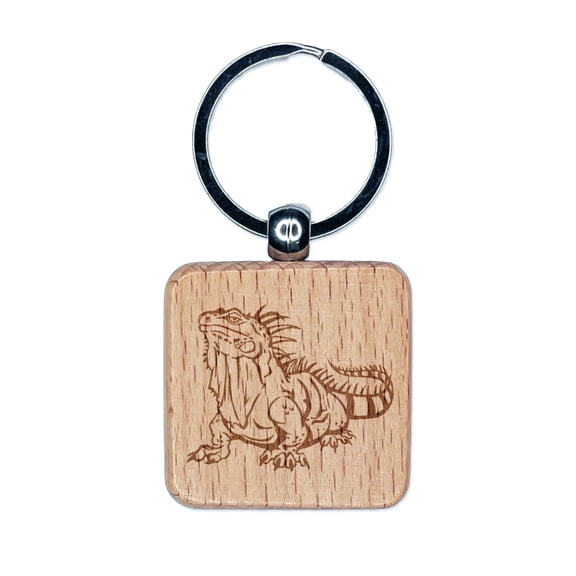 Lazy Lounging Lizard Iguana Square Keychain Charm Tag - Engraved Wood
