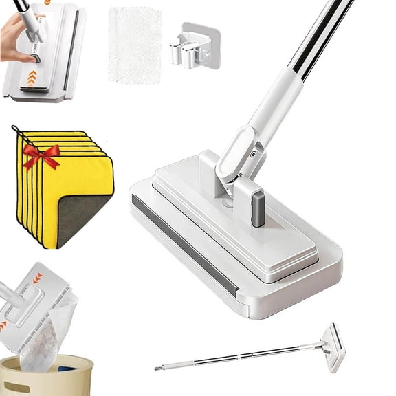 Lazy Mop with One-Click Cloth Attachment & Automatic Gripping, Hands-Free Multi-Purpose Flat Mop, Wet & Dry Use, Wash-Free & Reusable, Disposable Dust Cloth, for Gaps & Multi-Surface Cleaning