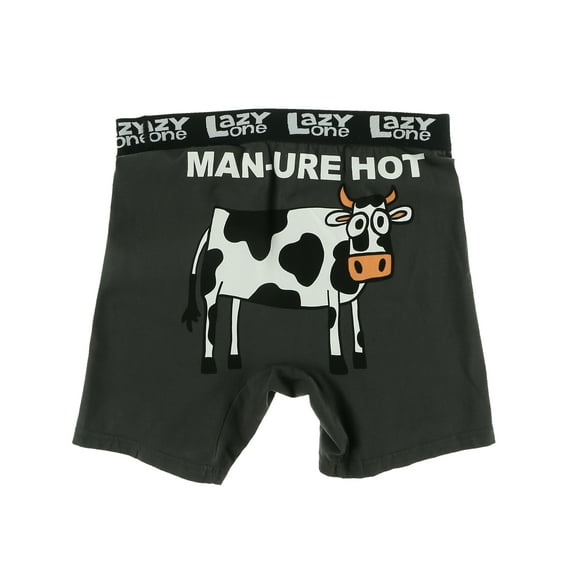 Lazy One Funny Animal Boxer Briefs for Men, Underwear for Men, Cow, Farm (Man-ure Hot, Small)