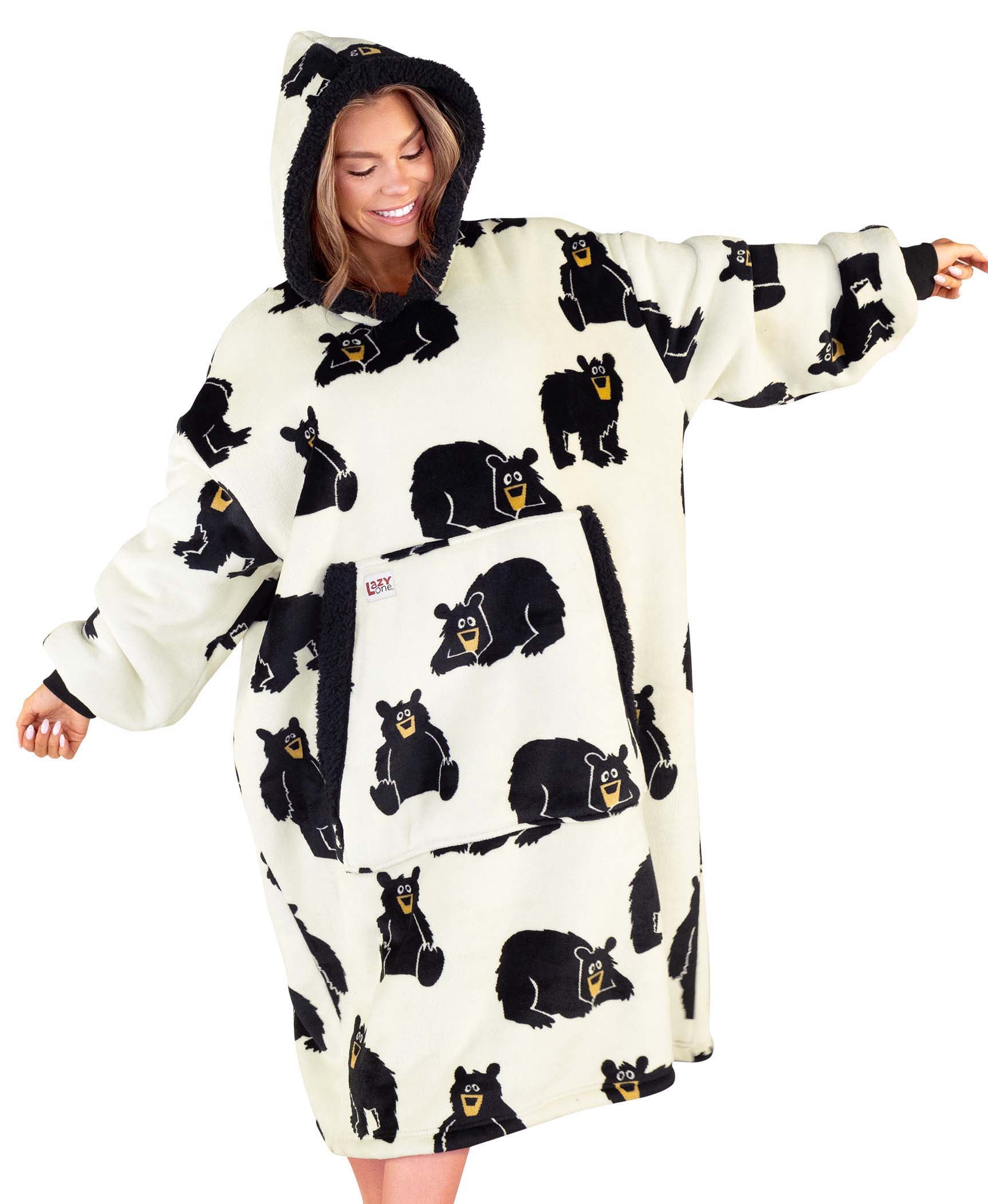 Lazy One Oversized Blanket Hoodie, Comfortable Sleepwear, Oversized Hoodies for Women and Men, One Size Fits All Wearable Blankets (Black Bear)