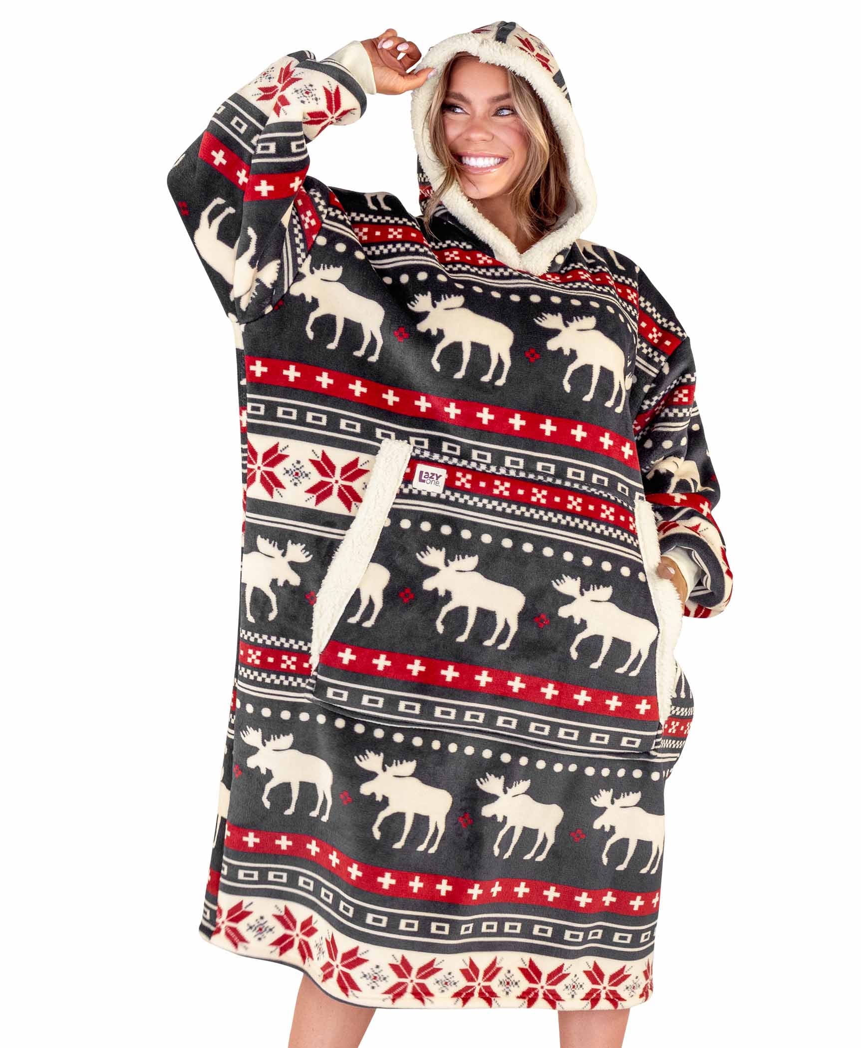 Lazy One Oversized Blanket Hoodie, Comfortable Sleepwear, Oversized Hoodies for Women and Men, One Size Fits All Wearable Blankets (Cabin Fair Isle)