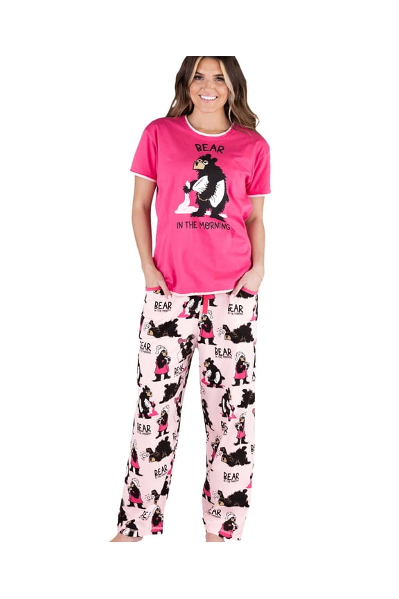 Women's Pajama Set, Short Sleeves with Cute Prints, Relaxed Fit, Bear in the Morning, Pink