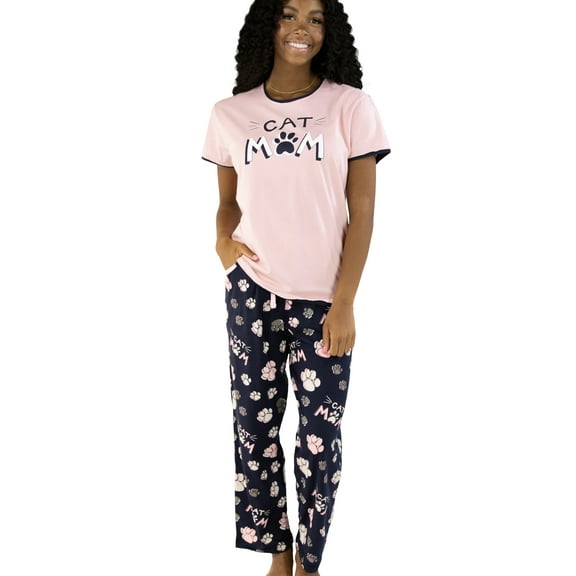 Lazy One Women's Pajama Set, Short Sleeves with Cute Prints, Relaxed Fit, Cat Mom