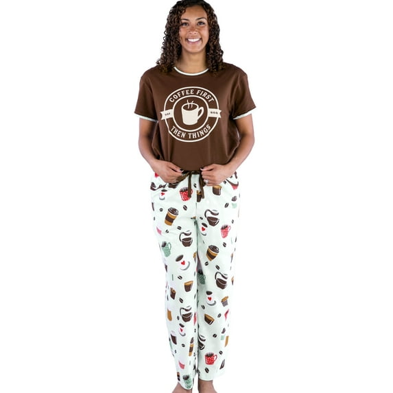 Lazy One Women's Pajama Set, Short Sleeves with Cute Prints, Relaxed Fit, Coffee First