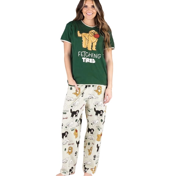 Lazy One Women's Pajama Set, Short Sleeves with Cute Prints, Relaxed Fit, Dark Green Fetching Tired, Labradoodle