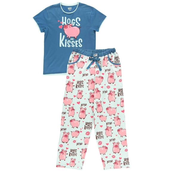 Lazy One Women's Pajama Set, Short Sleeves with Cute Prints, Relaxed Fit, Hogs & Kisses Blue