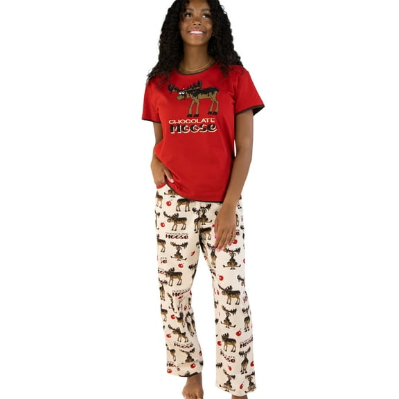 Lazy One Women's Pajama Set, Short Sleeves with Cute Prints, Relaxed Fit, Light Chocolate Moose