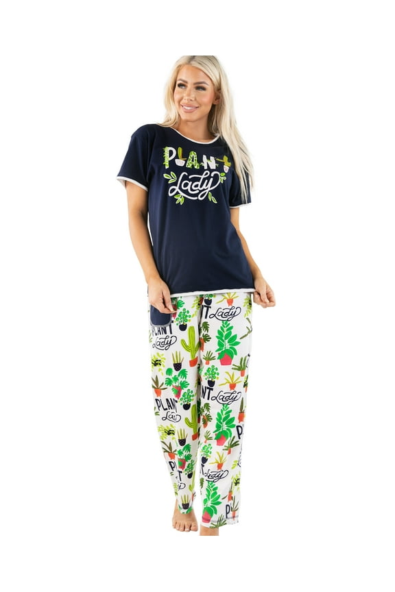 Women's Pajama Set, Short Sleeves with Cute Prints, Relaxed Fit, Plant Lady