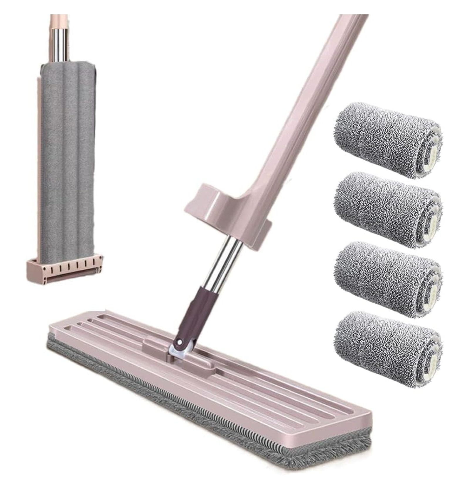 Queensfinders Microfiber Flat Mop - 360° Rotating Head, Adjustable Stainless Steel Handle, 4 Washable Pads (Purple)