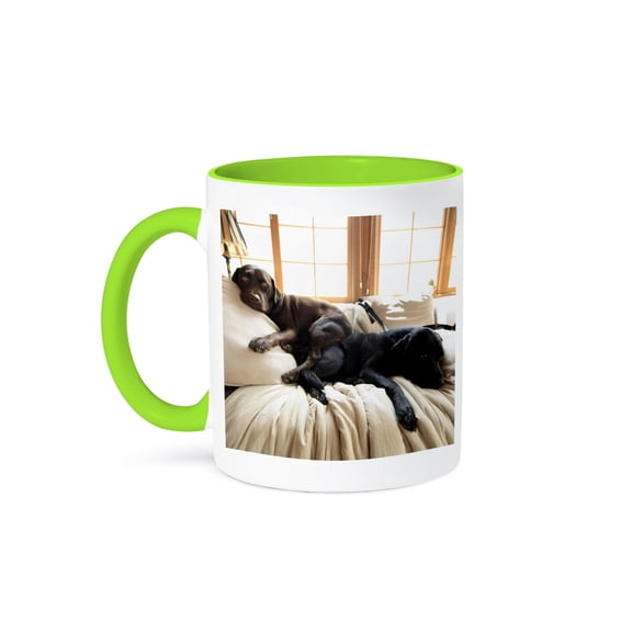 3drose, Lazy Puppies Labrador Retriever Pups Labs Sunny Window, 11oz Two-tone Green Mug