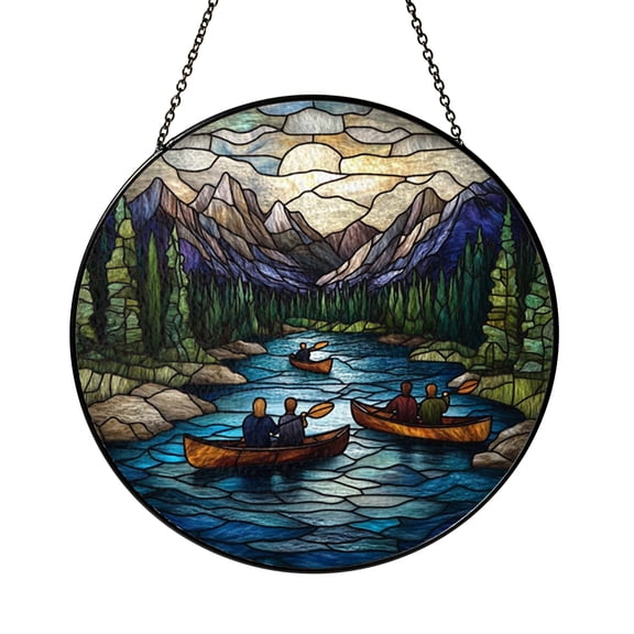 Lazy River Kayaking Stained Glass Style Christmas Ornament, Outdoor Adventure Tree Hanging Decor, Peaceful Nature Holiday Gift