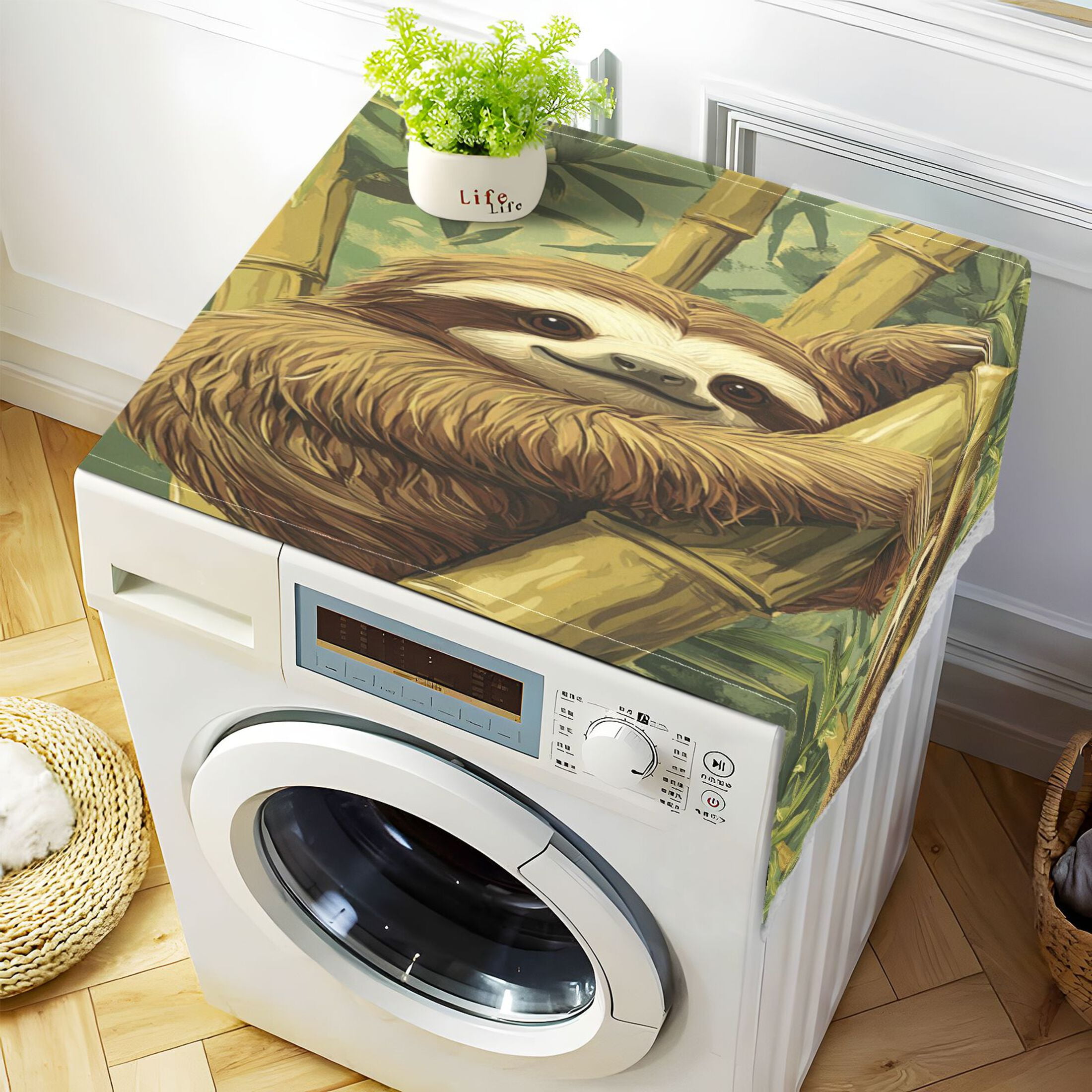 Lazy SlothWasher and Dryer Covers Dust-Proof and Oil Resistant Fridge Cover with 4 Storage Pockets Washing Machine Top Cover for Laundry Kitchen Home 51.2 x 22 In