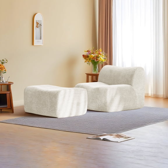 Lazy Sofa Chair with Ottoman, Modern Comfy Raindrop Velvet Fabric Deep Seat Armless Lounge Chair Movable Ottoman Set, 1-Seater Modular Sectional Sleeper Couch for Living Room, Bedroom, Office,Beige