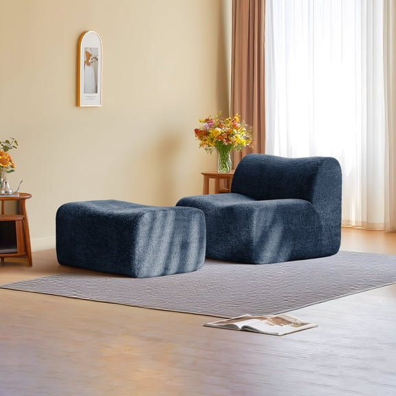 Lazy Sofa Chair with Ottoman, Modern Comfy Raindrop Velvet Fabric Deep Seat Armless Lounge Chair Movable Ottoman Set, 1-Seater Modular Sectional Sleeper Couch for Living Room, Bedroom, Office,Blue