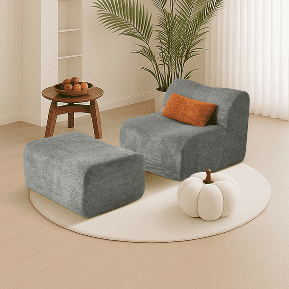 Lazy Sofa Chair with Ottoman, Modern Comfy Raindrop Velvet Fabric Deep Seat Armless Lounge Chair Movable Ottoman Set, 1-Seater Modular Sectional Sleeper Couch for Living Room, Bedroom, Office,Beige
