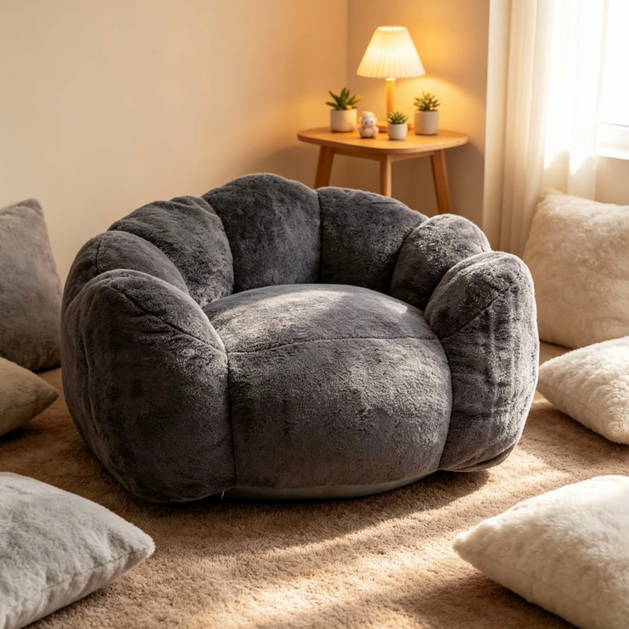 Lazy Sofa Chair with Petal Cloud Design and Faux Fur Fabric, Accent Lounge Chair and Single Seating for Bedroom Living Room, Antique Grey