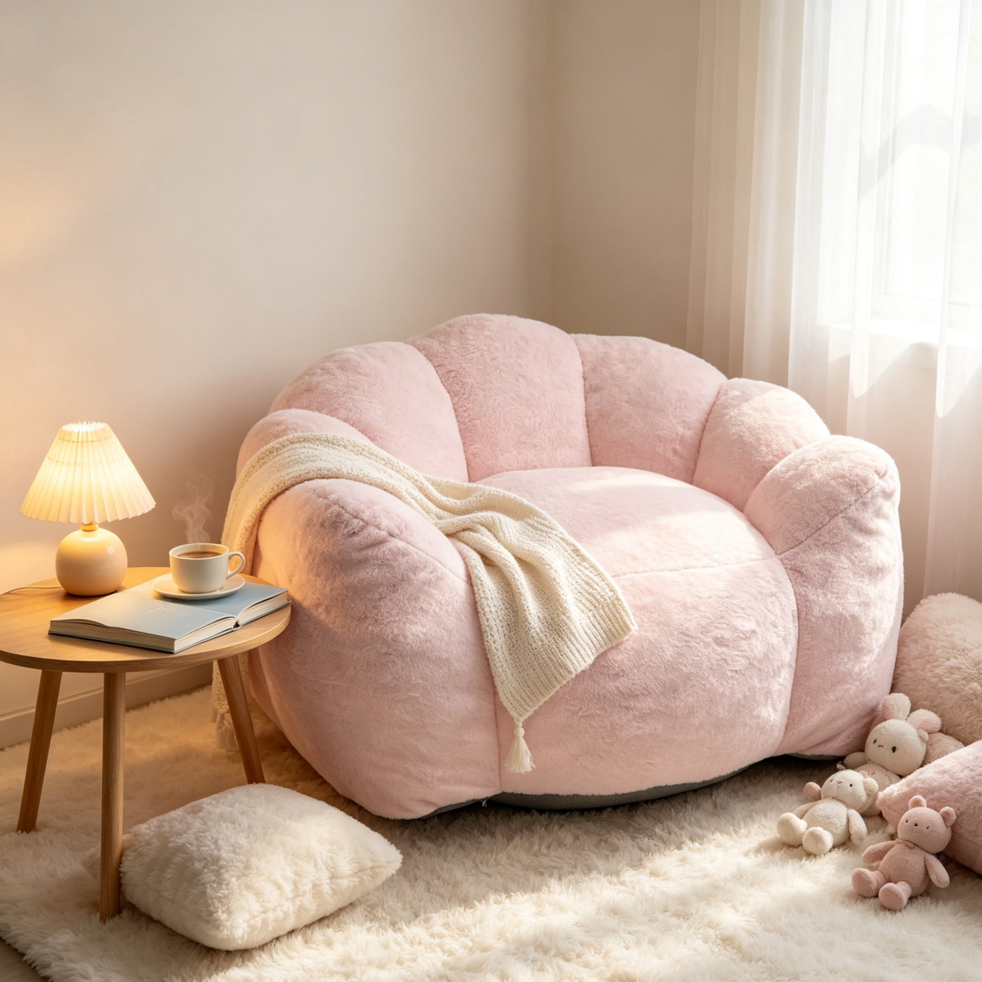 Lazy Sofa Chair with Petal Cloud Design and Faux Fur Fabric, Accent Lounge Chair and Single Seating for Bedroom Living Room, Baby Pink