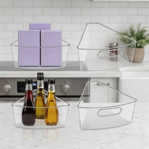 Lazy Susan Cabinet Organizer Bins, Corner Organizer, Plastic Cabinet Storage Bin, 1/8 Wedge - Food Safe, BPA Free, with Non-Slip Pads (6 Pack)