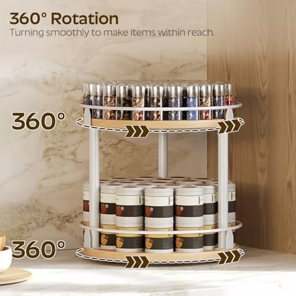 Lazy Susan Organizer, Rotating Spice Rack, 2 Tier Spice Turntable Organizer, Industrial Turntable Spice Holder, for Kitchen Countertop, Compact and Versatile, White and Natural SR22WN