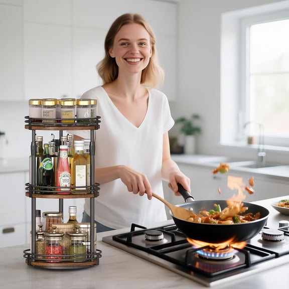 Lazy-Susan-Organizer-Spice-Rack, 3-Tier Adjustable Rotating Spice Organizer For Kitchen-Cabinet-Countertop-Pantry, Turntable Seasoning Holder Storage Shelf