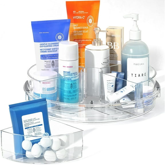 Lazy Susan Organizer Turntable for Cabinet with 4 Removable Dividers Bins, Rotating Organizer for Medicine Cabinet, Kitchen, Countertop, Pantry, Fridge, Bathroom Counter, 10.6 inch, Clear