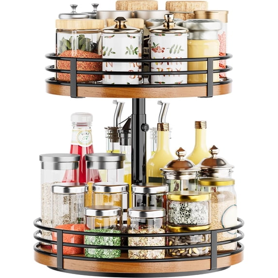 Lazy Susan Turntable Organizer Adjustable - 2 Tier Wood Rotating Spice ...