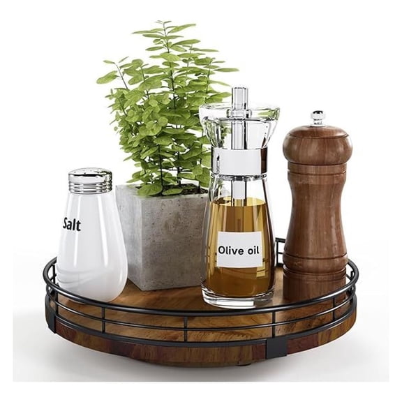 Lazy Susan Turntable Organizer, Farmhouse Oak - 360 Rotating Spice Rack for Cabinets & Countertops - Kitchen Pantry Organization, Rustic Wood Design