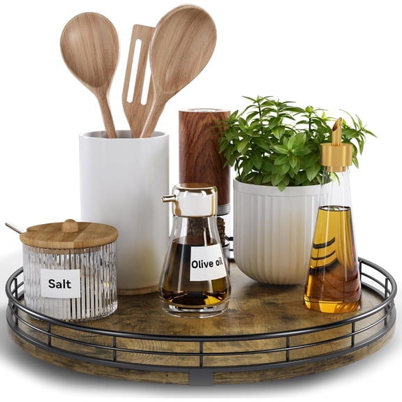 Lazy Susan Turntable Organizer for Table Top, 12 Round Wooden Lazy Susan for Cabinet Kitchen Countertop Pantry Dining Coffee Table for Condiments Spices, Rustic Bathroom Vanity Tray for Soap Candle
