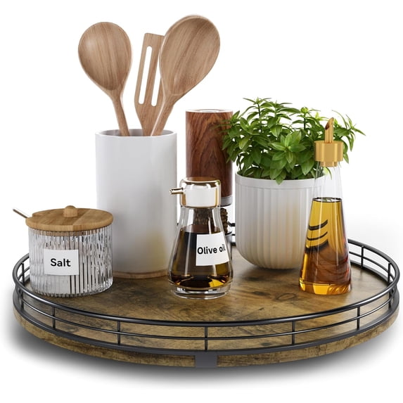 Lazy Susan Turntable Organizer for Table Top, 13’’ Round Wooden Lazy Susan for Cabinet Kitchen Countertop Pantry Dining Coffee Table for Condiments Spices, Rustic Bathroom Vanity Tray for Soap Candle