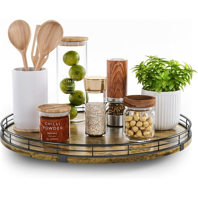 Lazy Susan Turntable Organizer for Table Top, 16’’ Round Wooden Lazy Susan for Cabinet Kitchen Countertop Pantry Dining Coffee Table for Condiments Spices, Rustic Bathroom Vanity Tray for Soap Candle