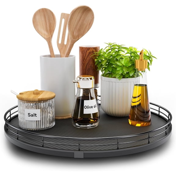 Lazy Susan Turntable for Table Top – 10” Round Slate Tray Organizer for Dining Table, Kitchen Countertop & Bar, Luxury Stone Serving Tray with Black Raised Iron Rim