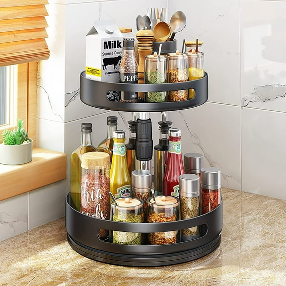 Lazy Susans Organizer 2 Tier Metal Steel, Turntable Height Adjustable, SAYZH Rotating Spice Racks for Pantry Cabinet Cupboard Table, 12 inch, Black