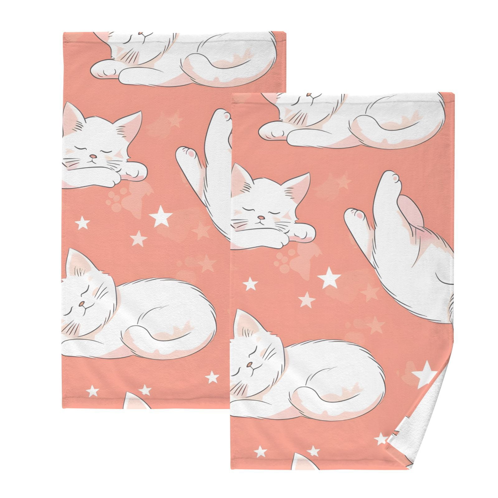Lazy White Cats Hand Towels Cotton Bath Towels Large Face Towels Absorbent for Bathroom 2 Packs