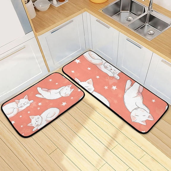 Lazy White Cats Kitchen Mats Non Slip Standing Desk Mat Runner Rug Washable Kitchen Rugs for Floor 2PCS
