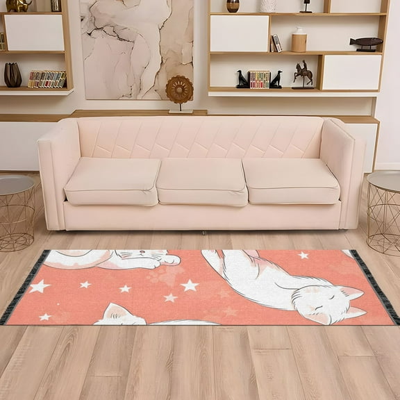Lazy White Cats Runner Rug Non-Slip Area Rugs Linen Washable Non Shedding for Kitchen Bedroom Carpet