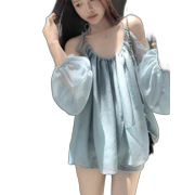 Lazy Wind Sunscreen Shirt, Women'S Beautiful Early Autumn, New Fold U Nerinet, Hollow Bubble Sleeve Sleeve Loose Slimming Top Mint Blue Xl