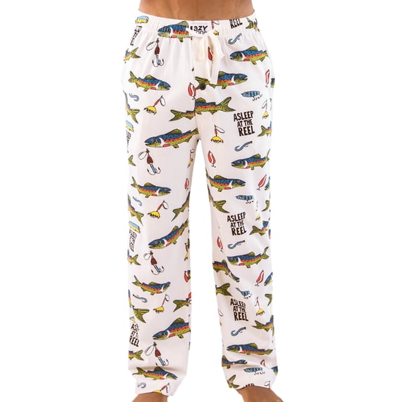 Lazy One Men's Novelty Pajama Pants – Funny Cotton Sleep Pants with Elastic Waistband & Pockets, Asleep At The Reel, Large