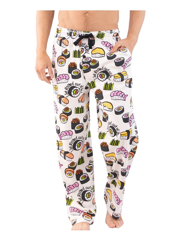 Men's Novelty Pajama Pants – Funny Cotton Sleep Pants with Elastic Waistband & Pockets, Sushi, Medium