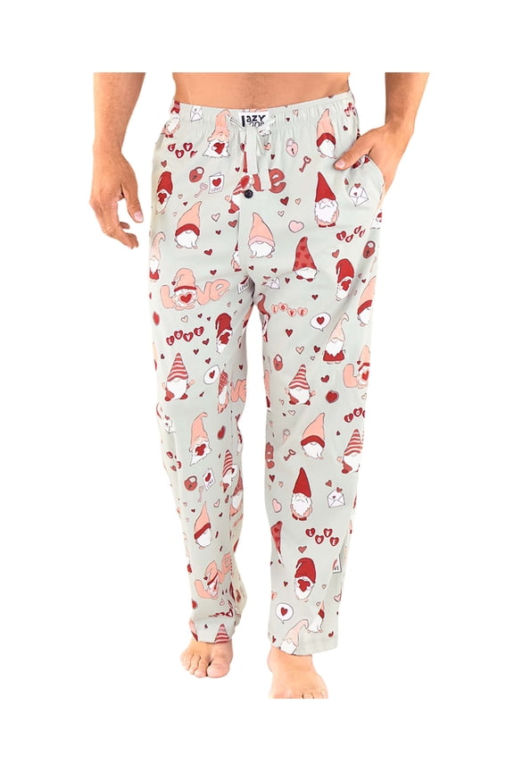 Men's Novelty Pajama Pants – Funny Cotton Sleep Pants with Elastic Waistband & Pockets, Valentine's Day Gnome, X-large