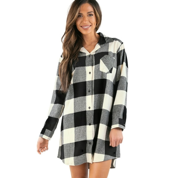 LazyOne Button-up Sleepshirt, Nightshirts for Women, Black & White Plaid, S/M
