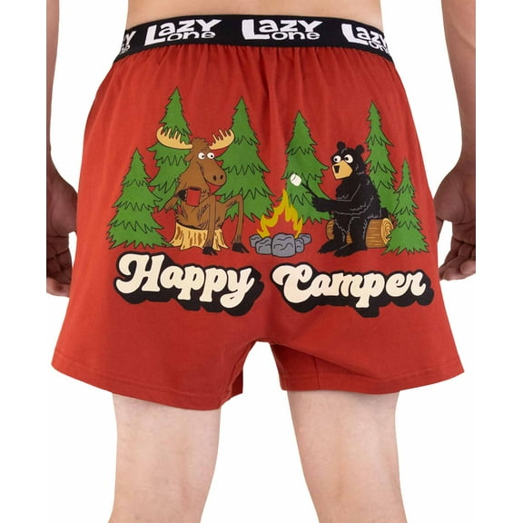 LazyOne Funny Animal Boxers, Happy Camper Red, Humorous Underwear, Gag Gifts for Men (Large)